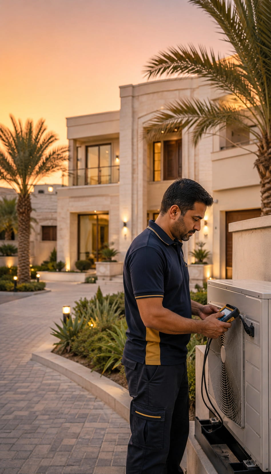 Modern Dubai villa at golden hour with a ProCare technician inspecting an outdoor AC condenser unit