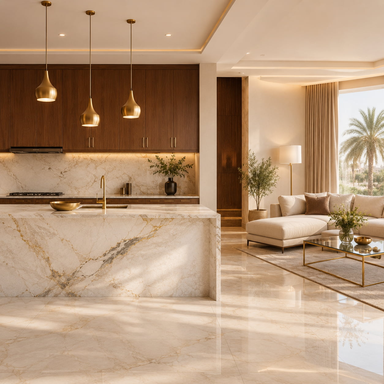 Renovated Dubai villa open-plan kitchen and living area with marble island and brass pendants