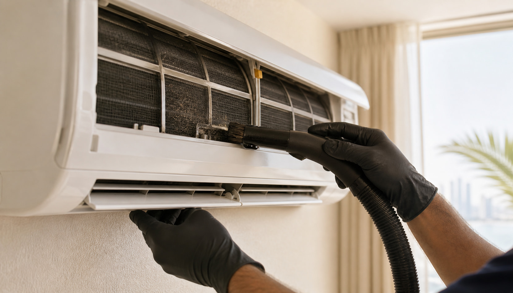 AC technician deep-cleaning a split unit's filter inside a Dubai apartment