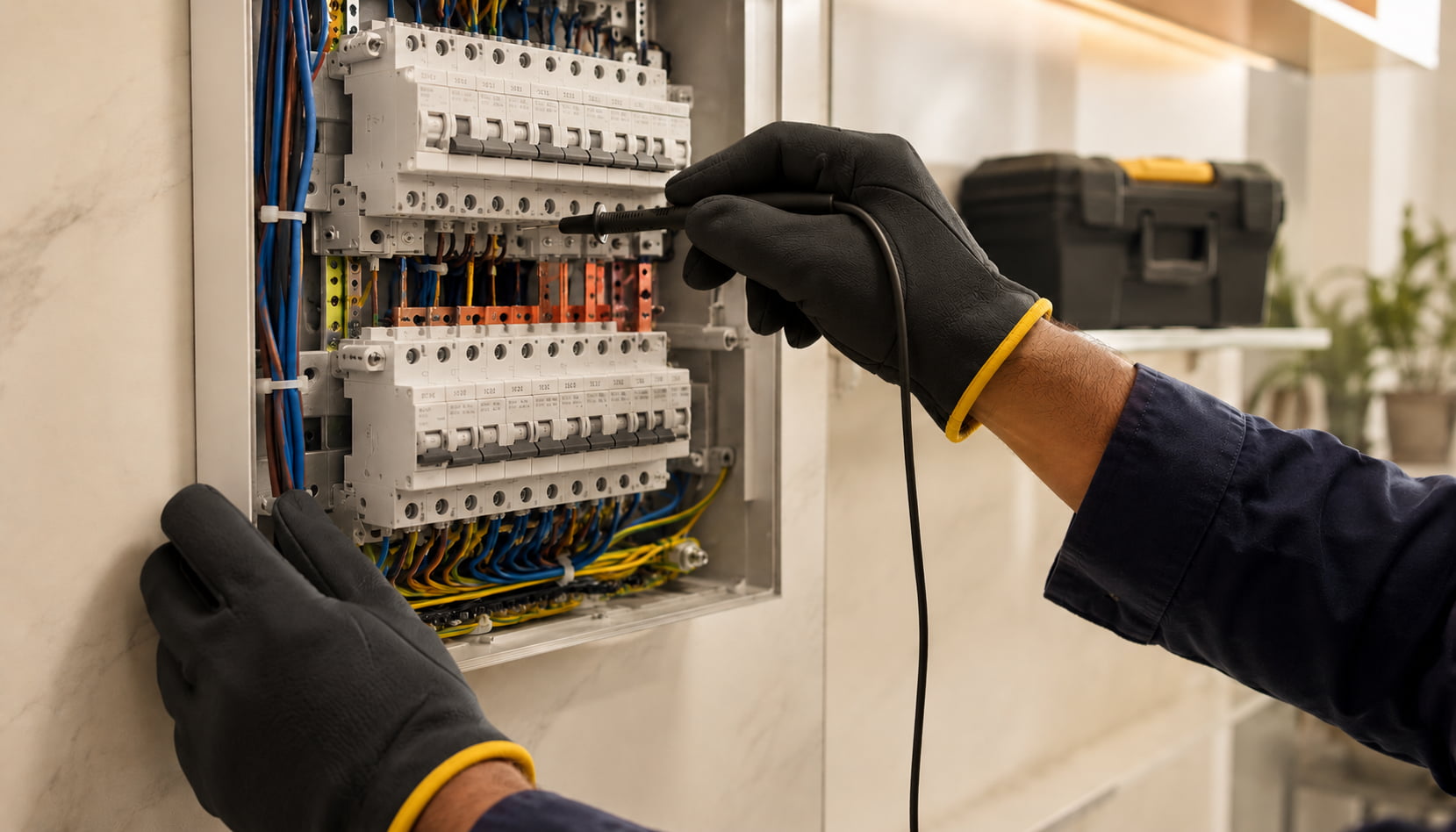 Electrician testing a modern residential distribution board with a multimeter
