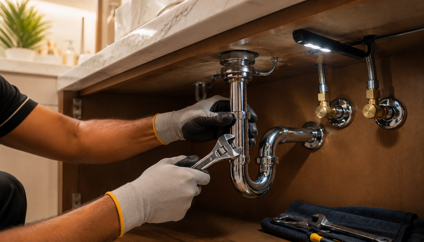 Plumber working on chrome P-trap pipework beneath a modern Dubai bathroom sink