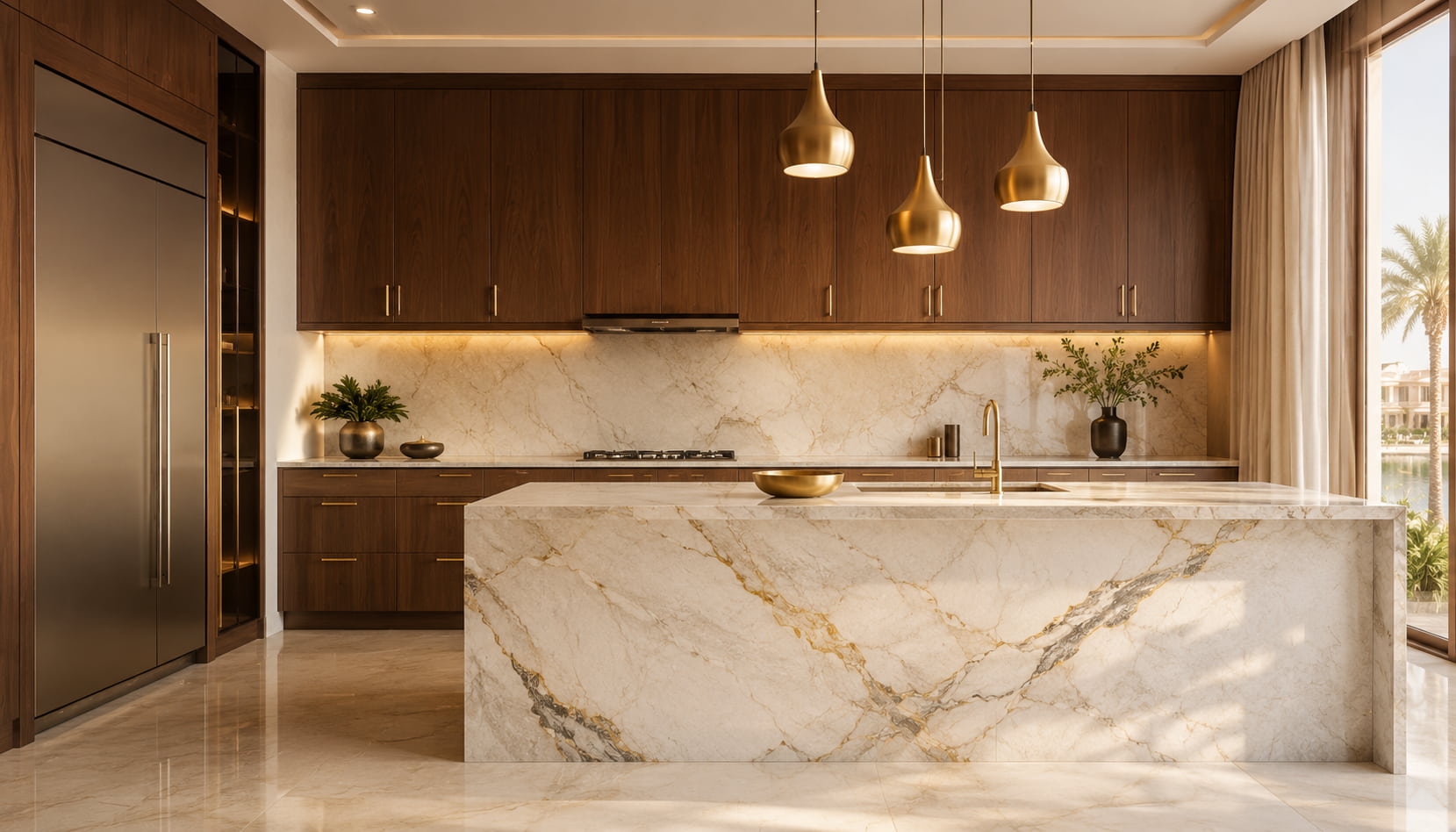 Modern renovated Dubai kitchen with marble waterfall island and warm timber cabinetry
