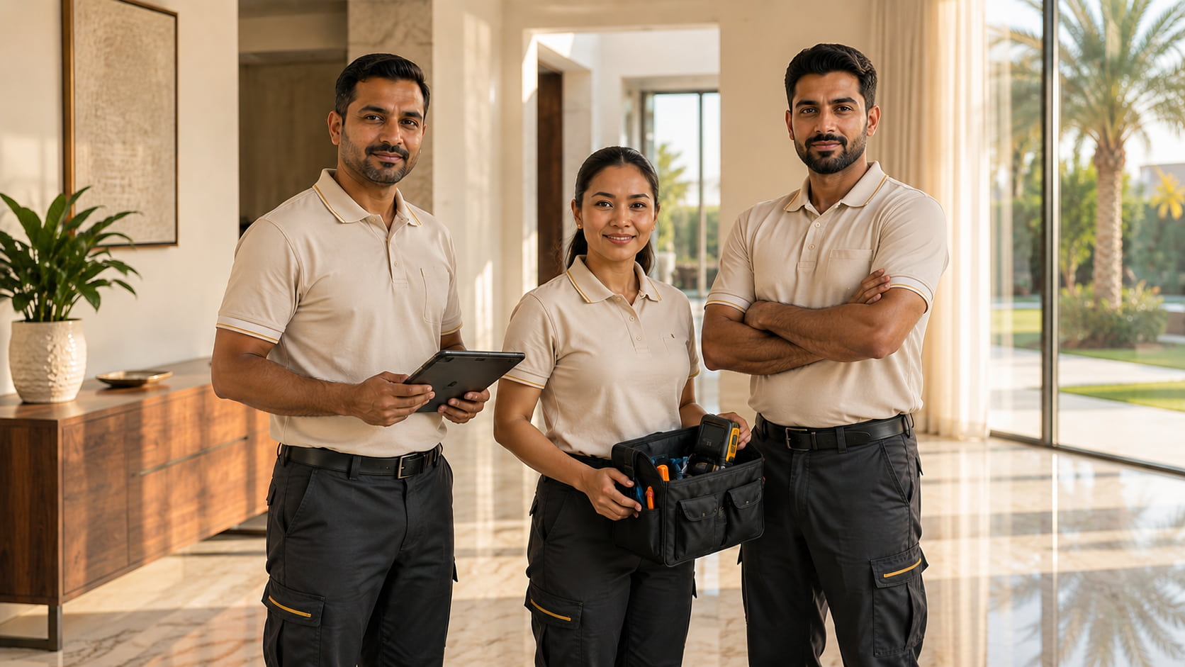 ProCare's diverse team of three certified Dubai maintenance technicians in branded uniforms